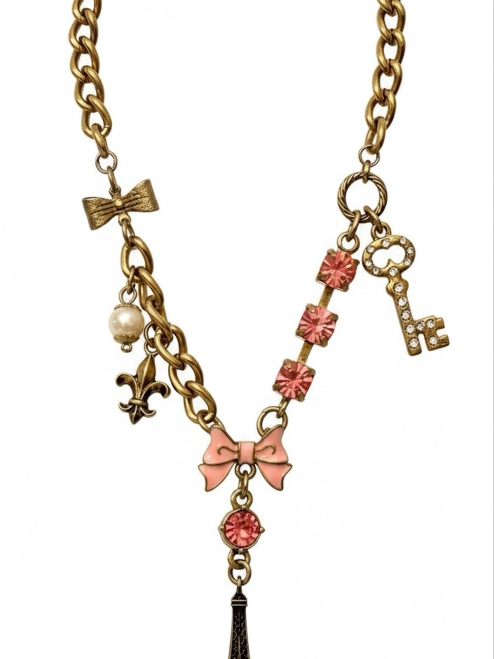 Betsey Johnson Paris Eiffel Tower Pink Crystal inlay , multi charm pendant